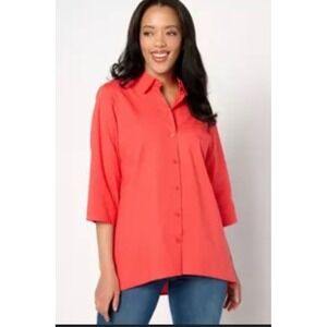 D&Co Denim Company Women 1X Coral 3/4 Sleeve Button Down Shirt Tunic Top
